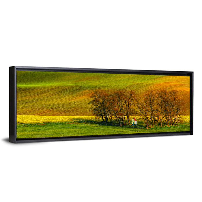 Moravian Wheat Fields with Chapel Wall Art as a framed canvas