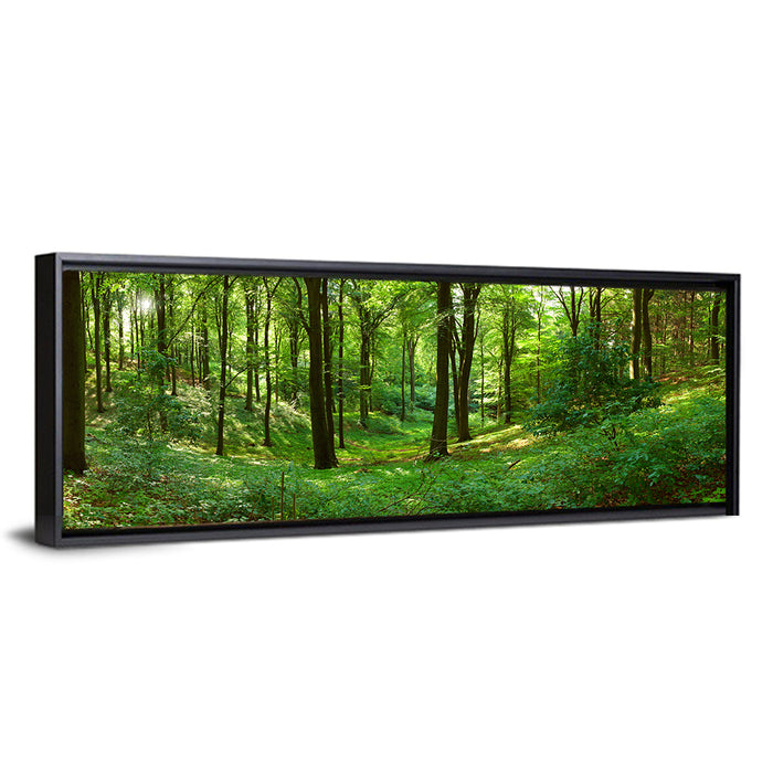 Sunlit Green Woodland Wall Art as a framed canvas