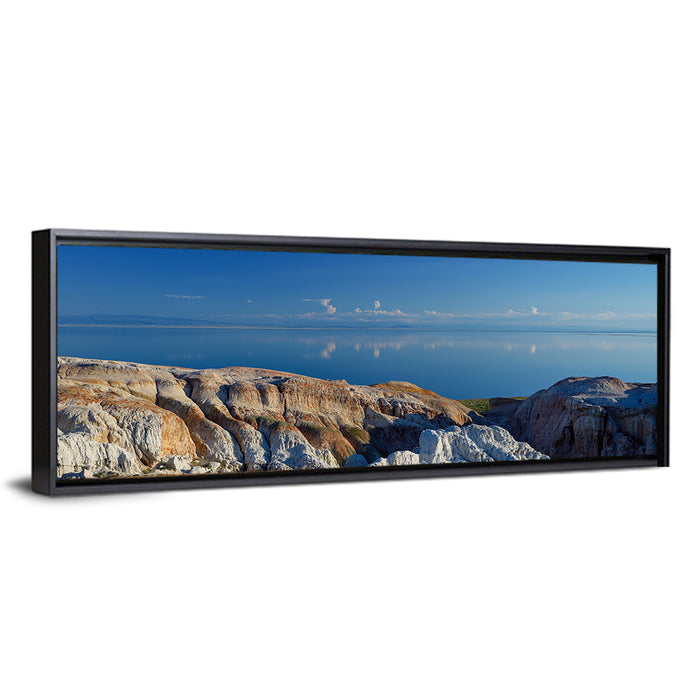 Shekelmes Tract Cliff Over Lake Wall Art as a framed canvas