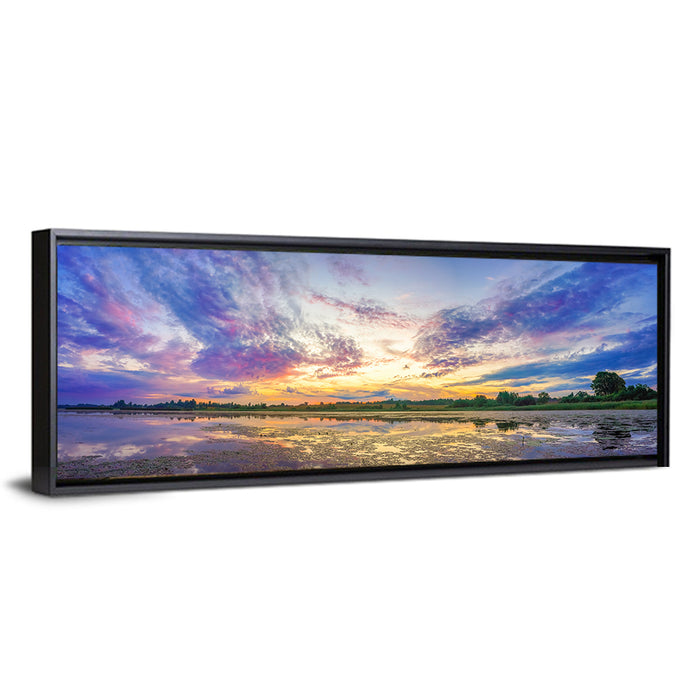 Golden Sunrise Over Lake Wall Art as a framed canvas