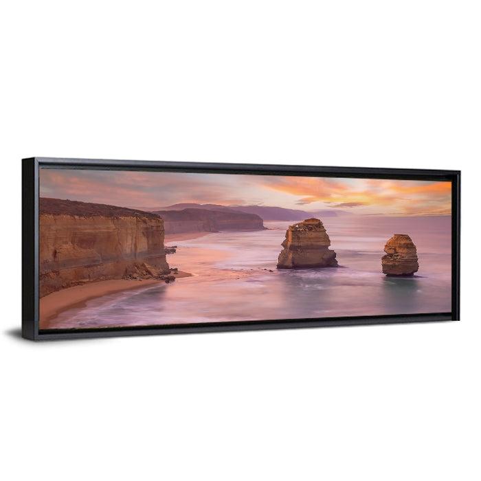 Twelve Apostles Sunset Sea Stacks Wall Art as a framed canvas