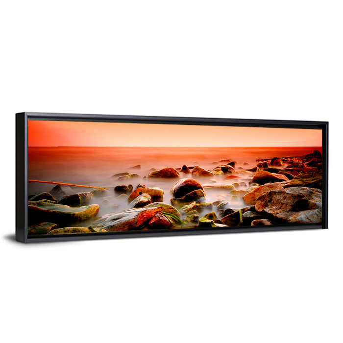 Lake Shore Sunset Wall Art as a framed canvas