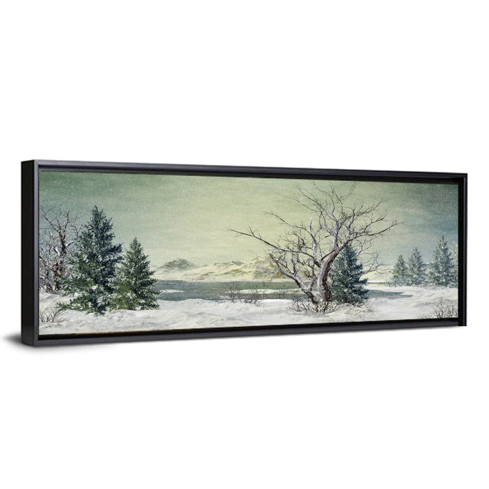 Leafless Tree at Winter Lake Wall Art as a framed canvas