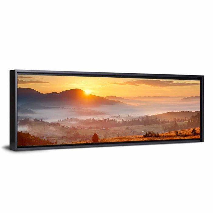 Foggy Mountain Village Wall Art as a framed canvas
