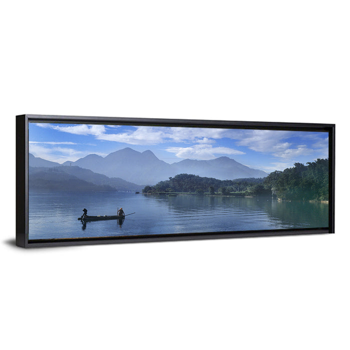 Sun Moon Lake Morning Mist Wall Art as a framed canvas
