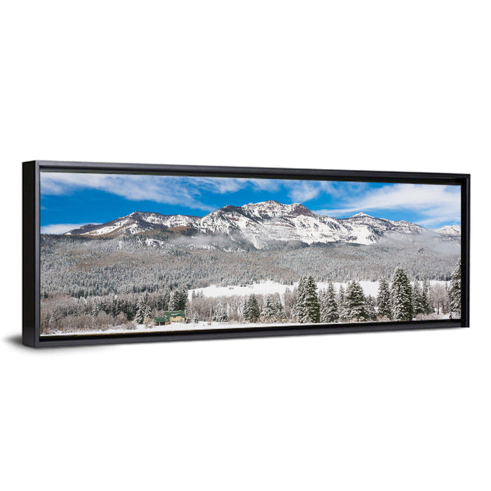 Colorado Snowy Mountain Cabin Wall Art as a framed canvas