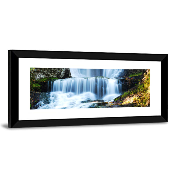 White Waterfall Over Mossy Rocks Wall Art as a framed print
