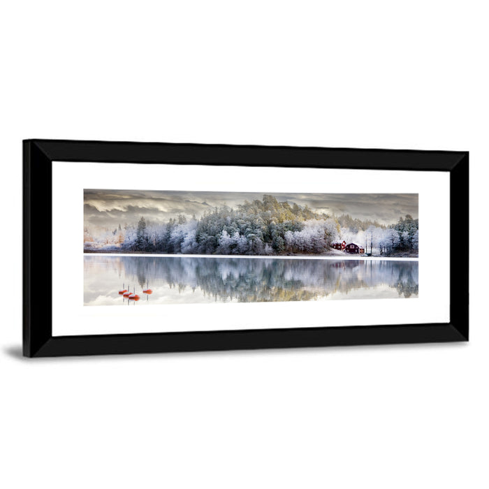 Red Cottage by a Frozen Lake Wall Art as a framed print