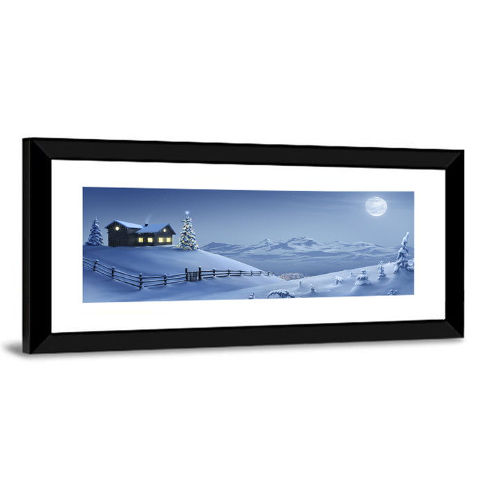 Snowy Mountain Cabin at Night Wall Art as a framed print