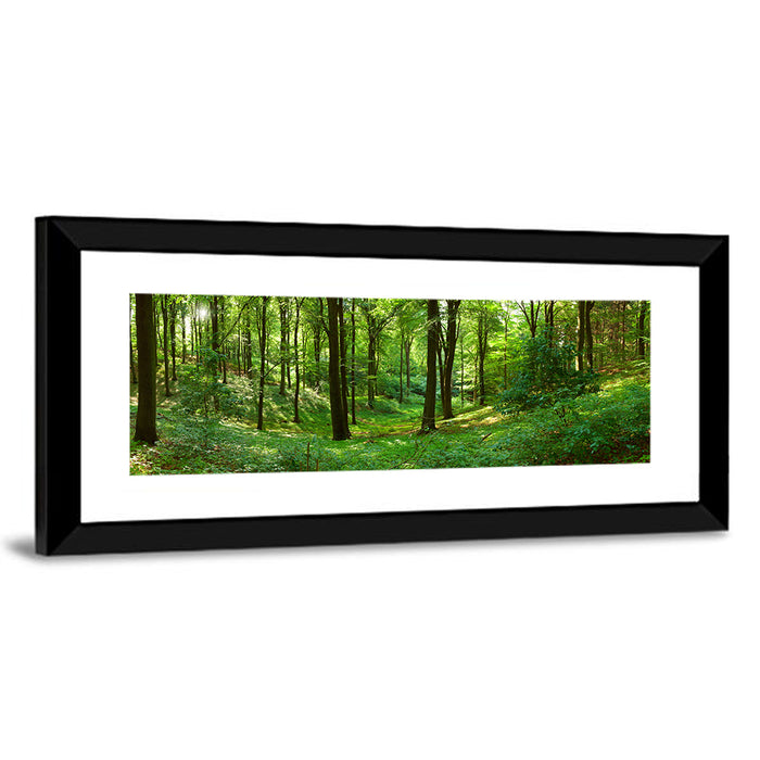 Sunlit Green Woodland Wall Art as a framed print