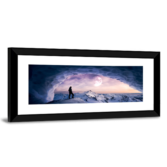 Moonlit Ice Cave Hiker Wall Art as a framed print