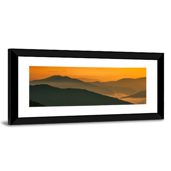 Golden Mist Mountain Valley Wall Art as a framed print