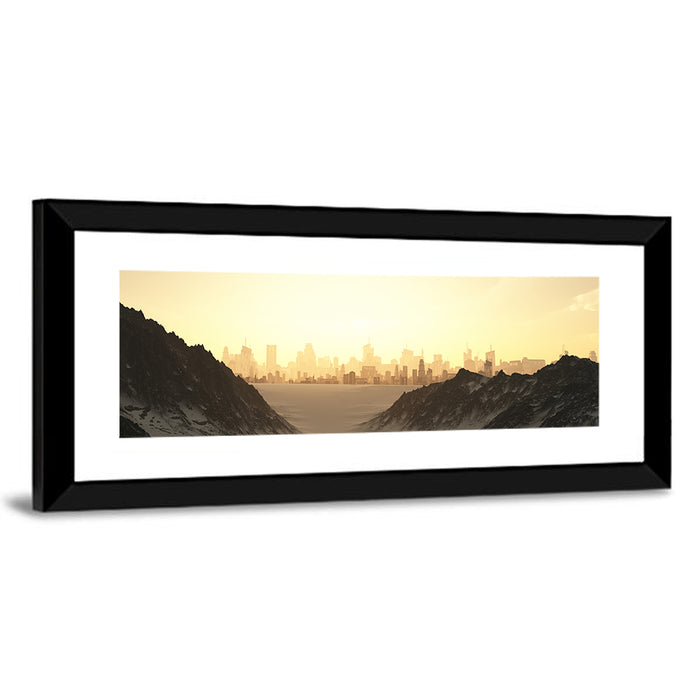 Futuristic City Sunset Wall Art as a framed print