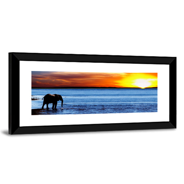 Elephant Silhouette at Beach Sunset Wall Art as a framed print