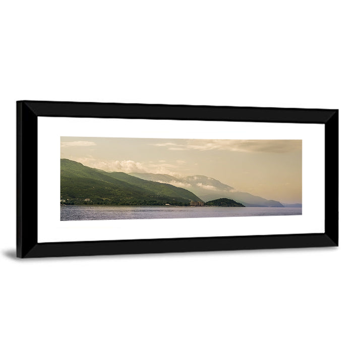 Ohrid Lakeshore Mountain View Wall Art as a framed print