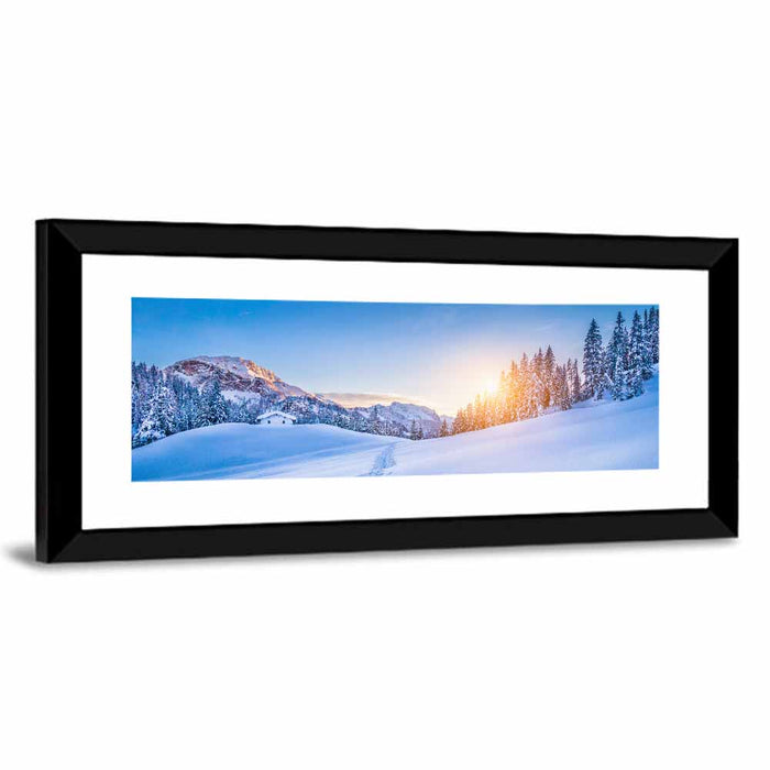 Snowy Mountain Chalet Sunset Wall Art as a framed print