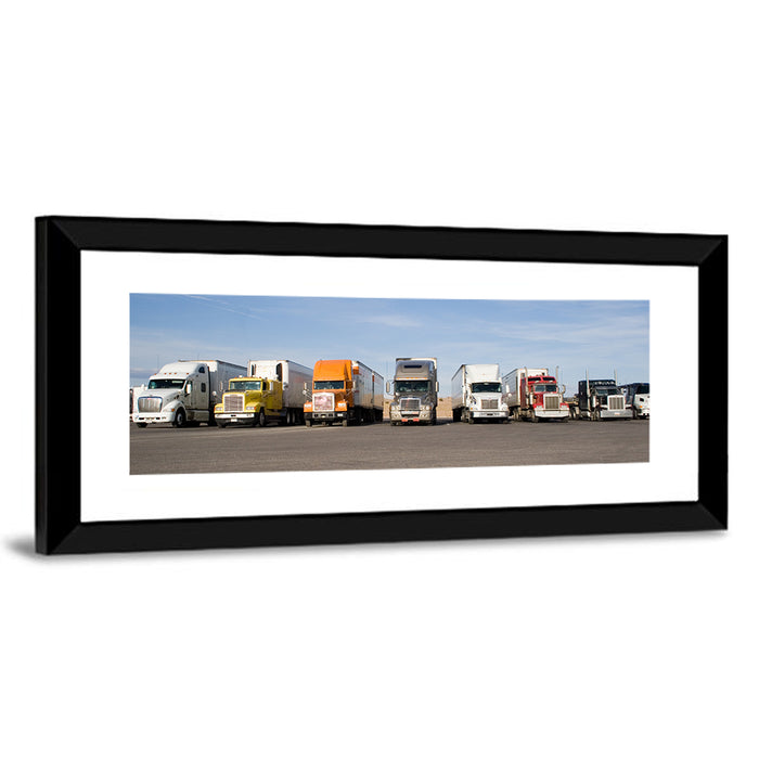 Semi Truck Fleet Wall Art as a framed print