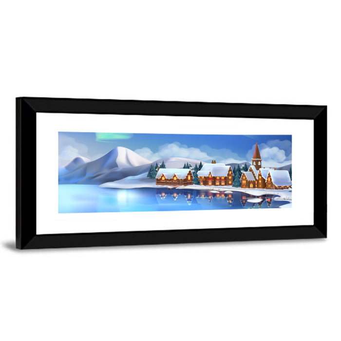 Northern Lights Winter Village Wall Art as a framed print