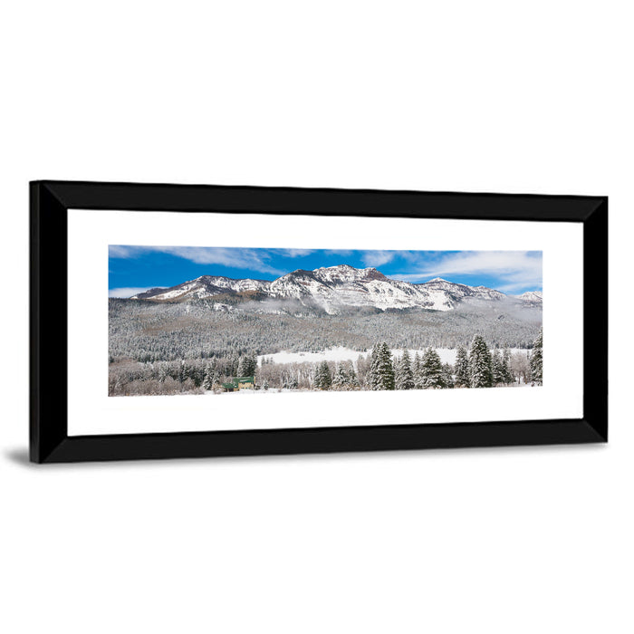 Colorado Snowy Mountain Cabin Wall Art as a framed print
