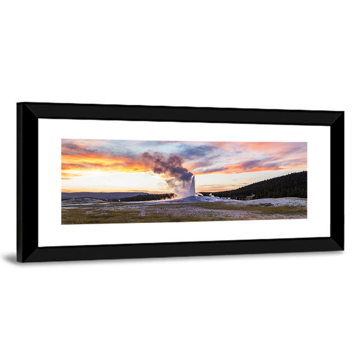 Old Faithful Erupting at Sunset Wall Art as a framed print