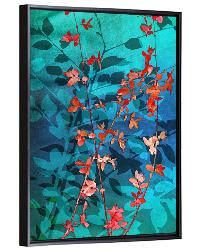 Red Leaf Branches Wall Art as a framed canvas