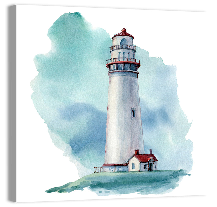 Red Roof Lighthouse Watercolor Wall Art, canvas print, square