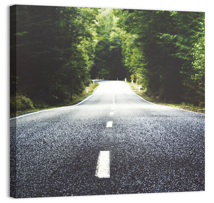 Summer Forest Road with Yellow Sign Wall Art as a canvas print