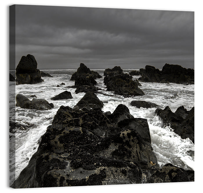 Moody Black and White Rocky Coast Waves Wall Art as a canvas print