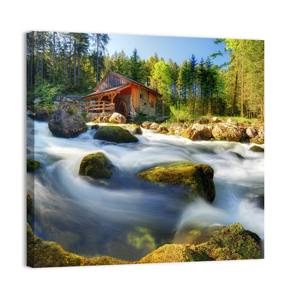 Salzburg Stream with Watermill Wall Art, canvas print, square