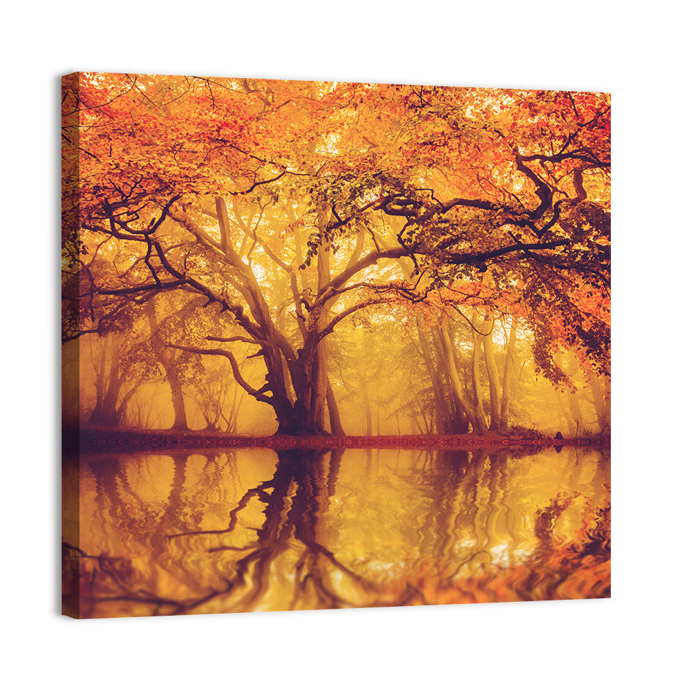 Golden Mist Forest Reflection Wall Art, canvas print, square