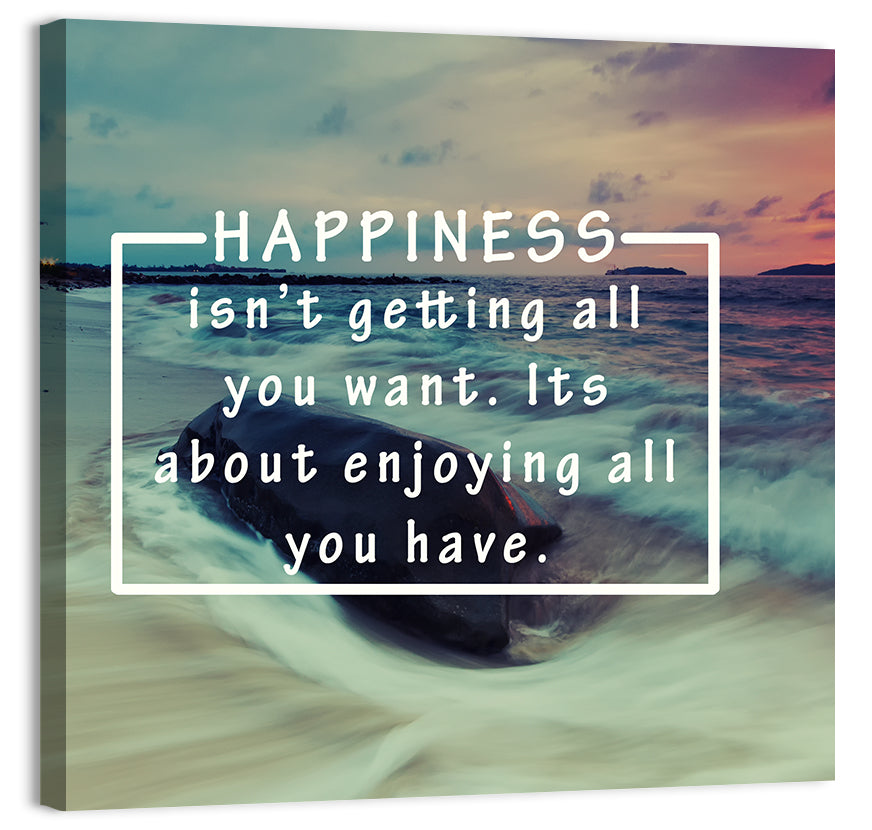Happiness Quote on Sunset Beach Wall Art, canvas print, square