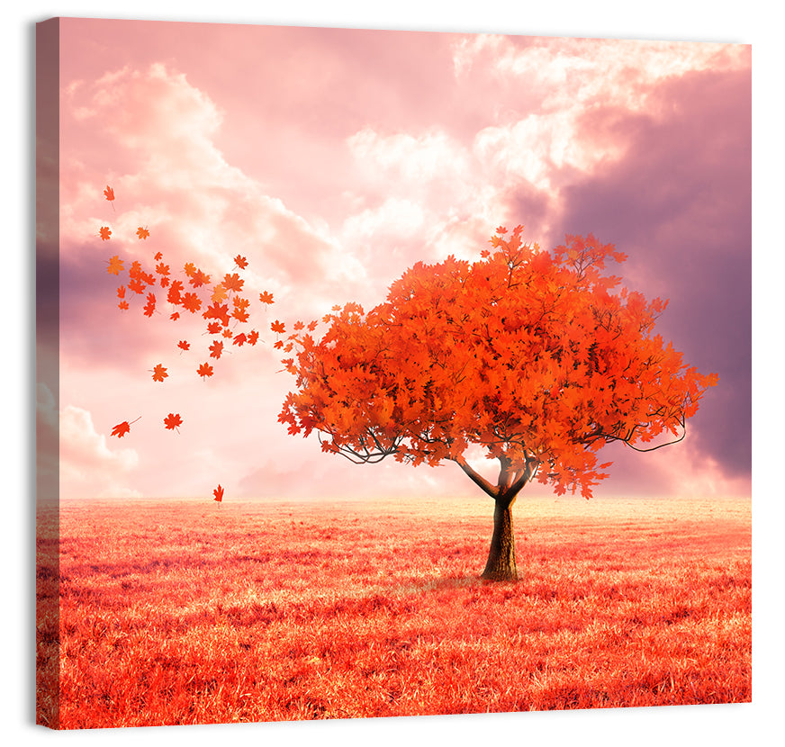 Windblown Red Autumn Tree Wall Art, canvas print, square