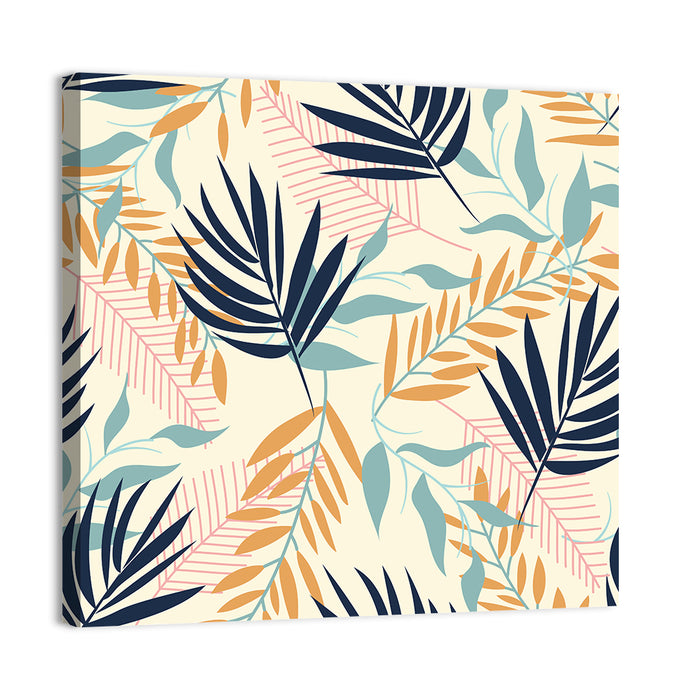 Cream and Navy Summer Leaves Pattern Wall Art as a canvas print
