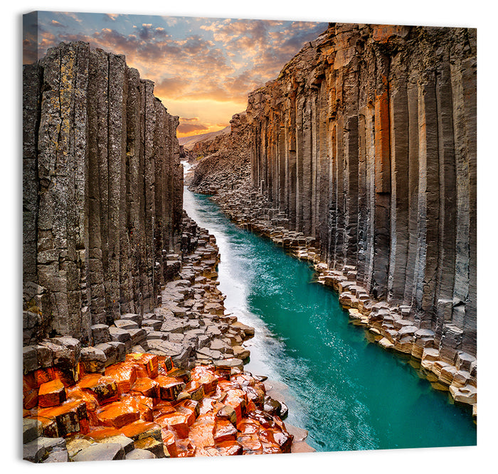 Stuðlagil Canyon Basalt Columns at Golden Hour Wall Art as a canvas print