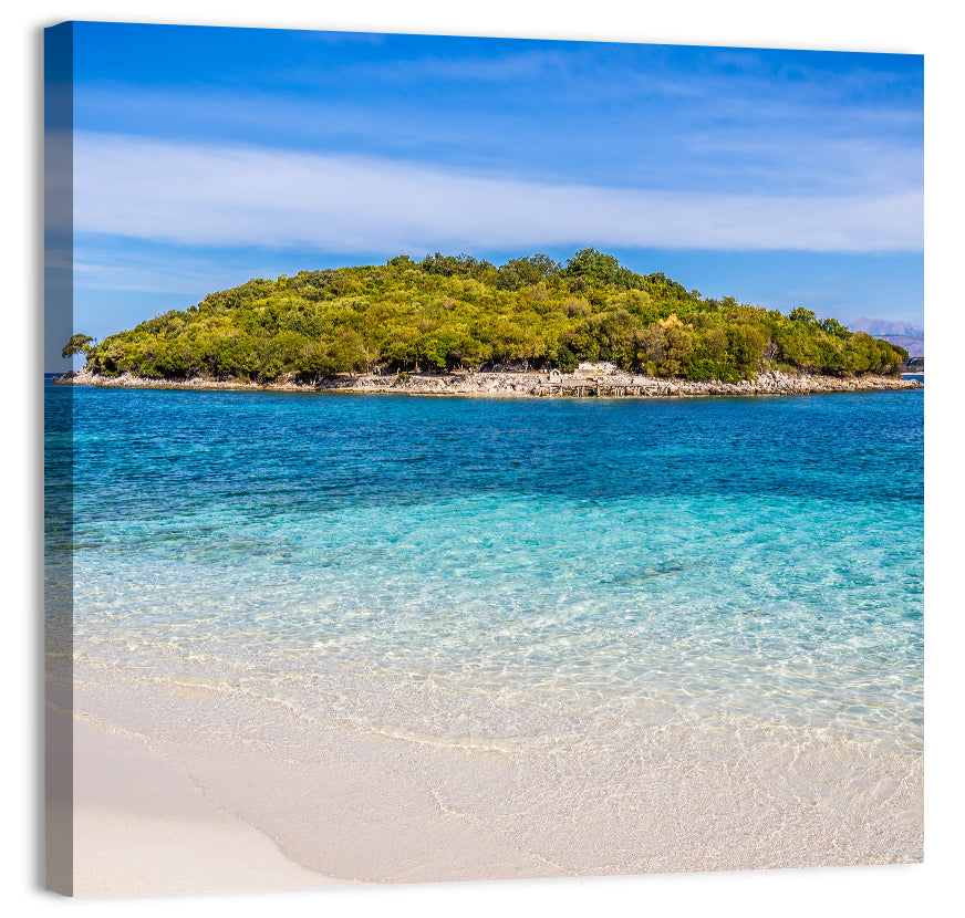 Butrint Turquoise Island Beach Wall Art, canvas print, square