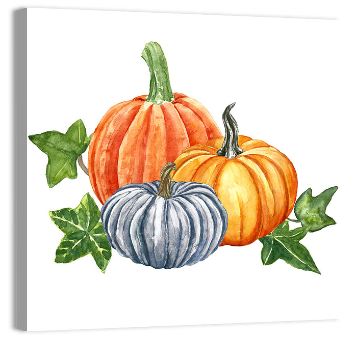 Festive Pumpkin Trio Watercolor Wall Art as a canvas print
