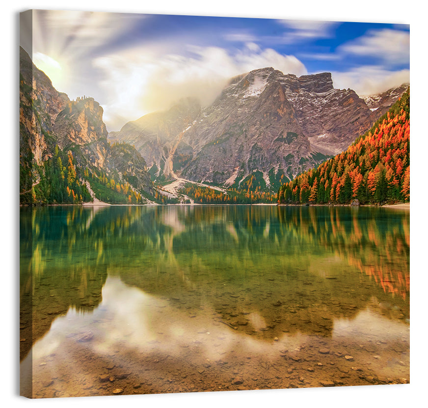 Lago Di Braies Sunrise Wall Art, canvas print, square