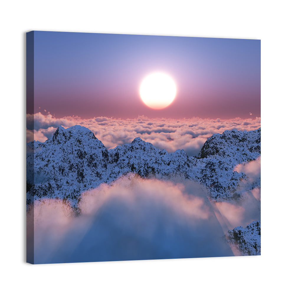 Sunset Above Snowy Mountains Wall Art, canvas print, square