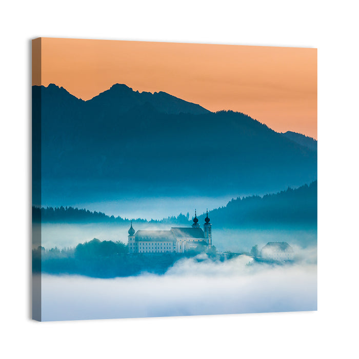 Benediktbeuern Abbey in Morning Fog Wall Art as a canvas print