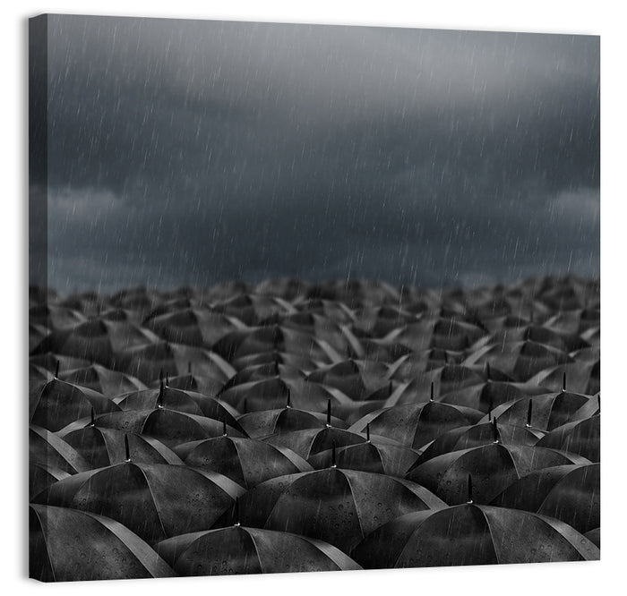 Clustered Umbrellas in Rain Wall Art as a canvas print