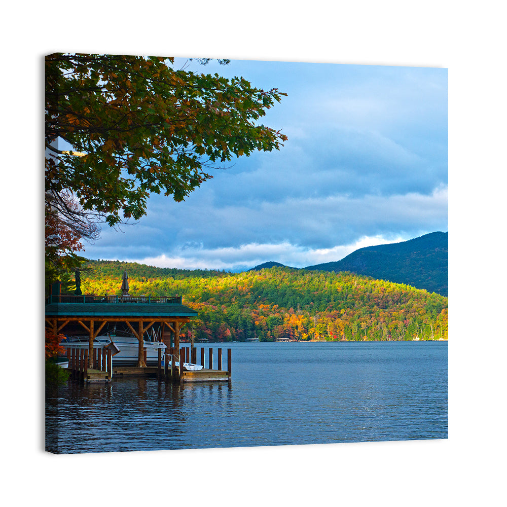 Lake George Boathouse in Autumn Wall Art, canvas print, square