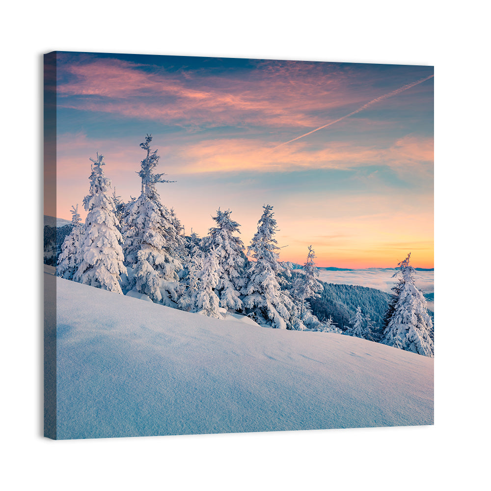 Snowy Carpathian Sunset Wall Art, canvas print, square