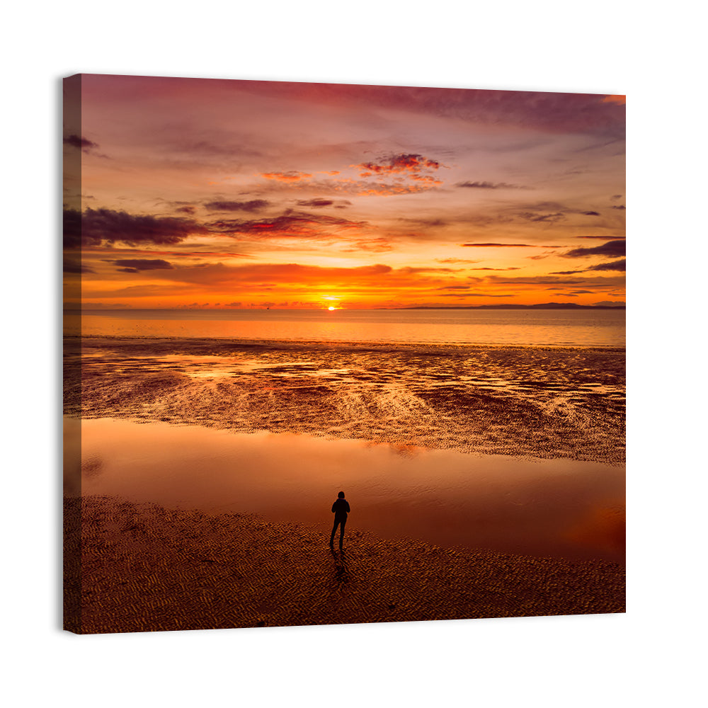 Solitary Figure on Sunset Shore Wall Art, canvas print, square