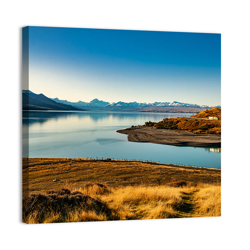 Lake Pukaki Golden Hour with Mount Cook Wall Art, canvas print, square