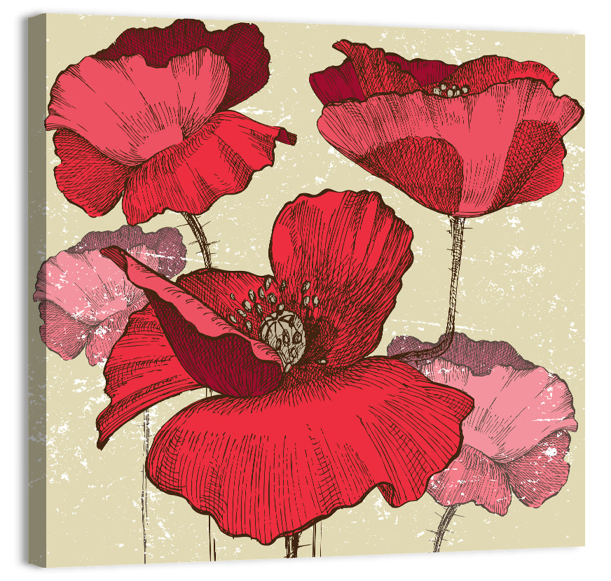 Vintage Poppy Illustration Wall Art, canvas print, square