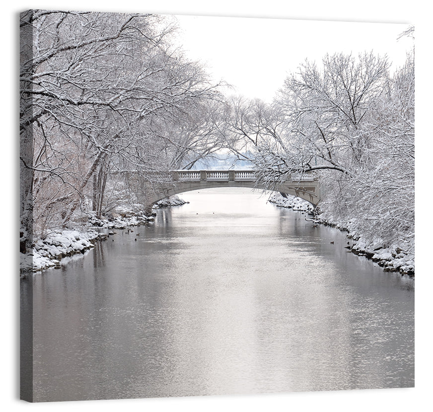 Yahara River Winter Stone Bridge Wall Art, canvas print, square