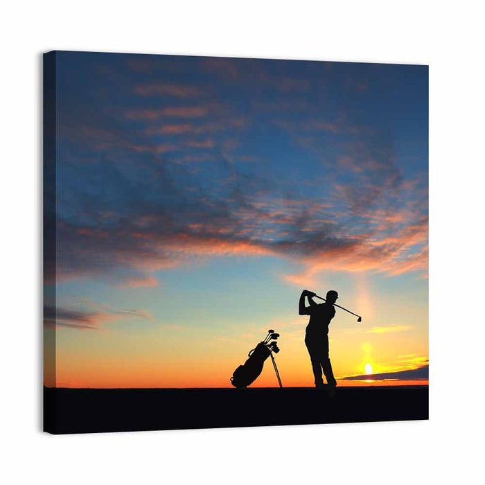Sunset Golfer Silhouette Wall Art as a canvas print