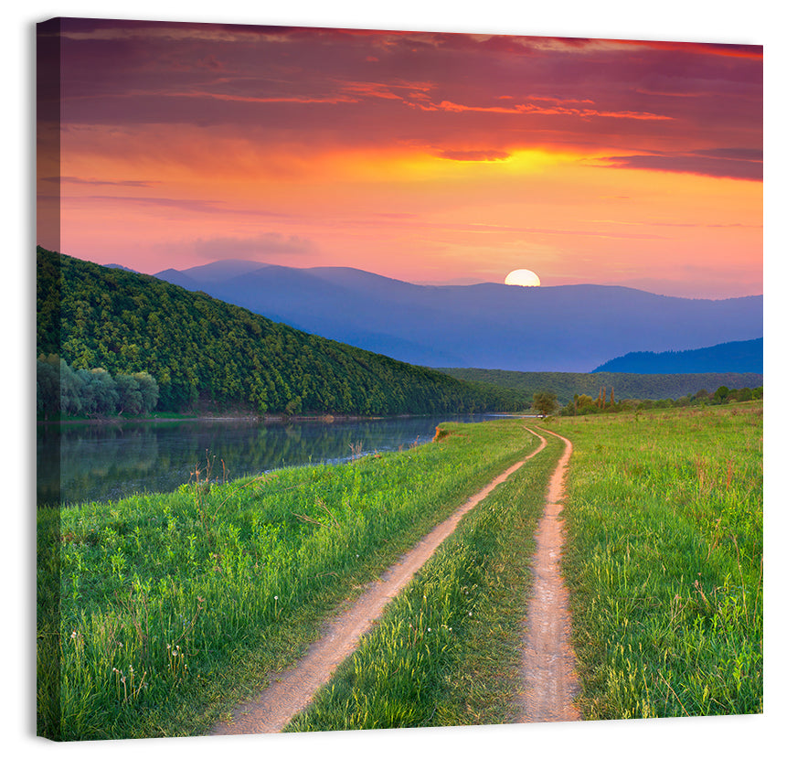 Sunset Path to Mountain Lake Wall Art, canvas print, square