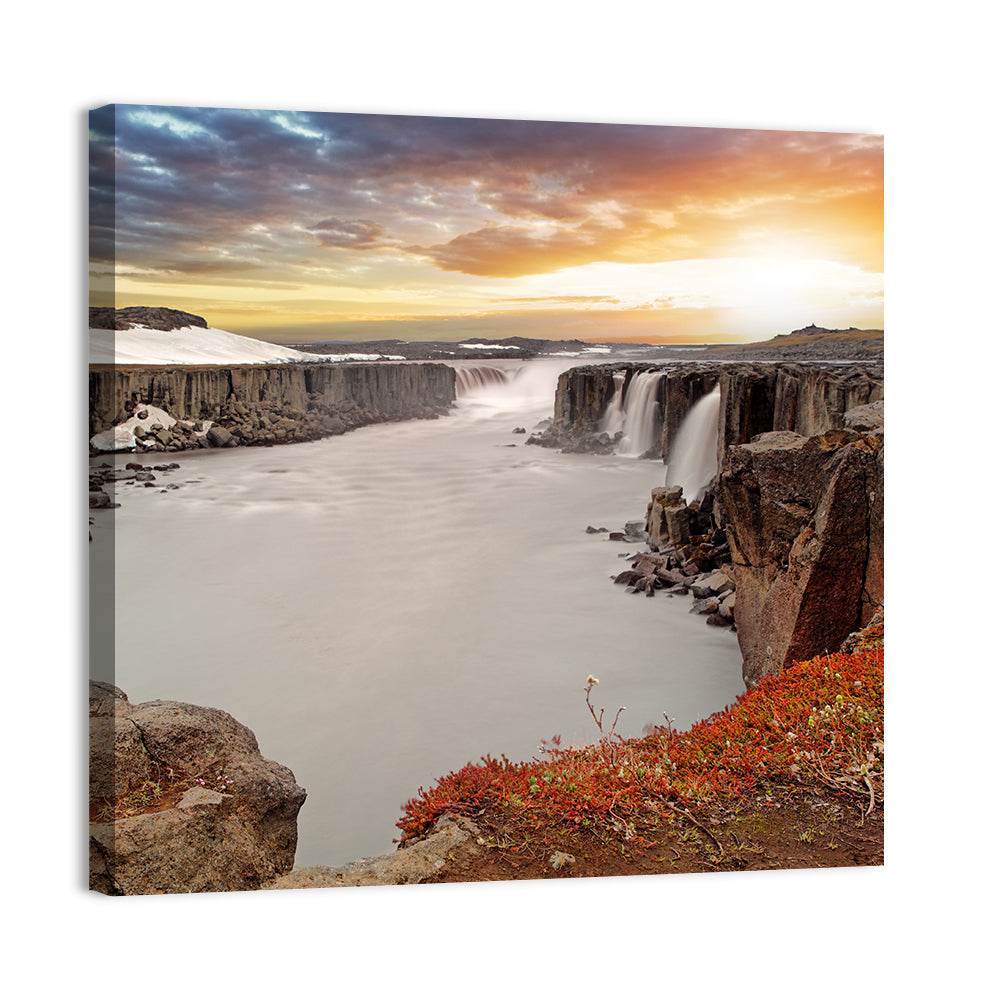 Selfoss Waterfall at Sunset Wall Art, canvas print, square