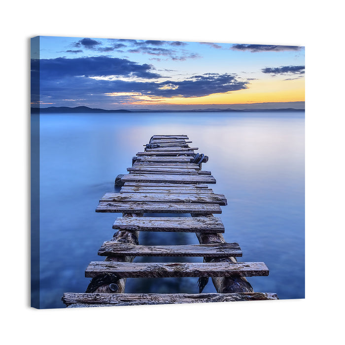 Weathered Lake Pier at Dusk Wall Art as a canvas print